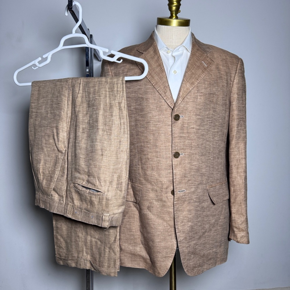 Inserch 2-Piece Suit Mens 38R 31x30 Brown Herringbone 100% Linen 3-Button Blazer